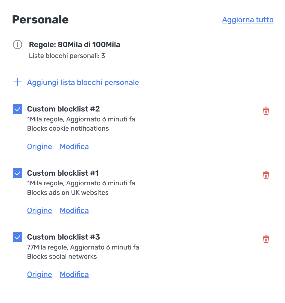 Aggiungi lista blocchi personale