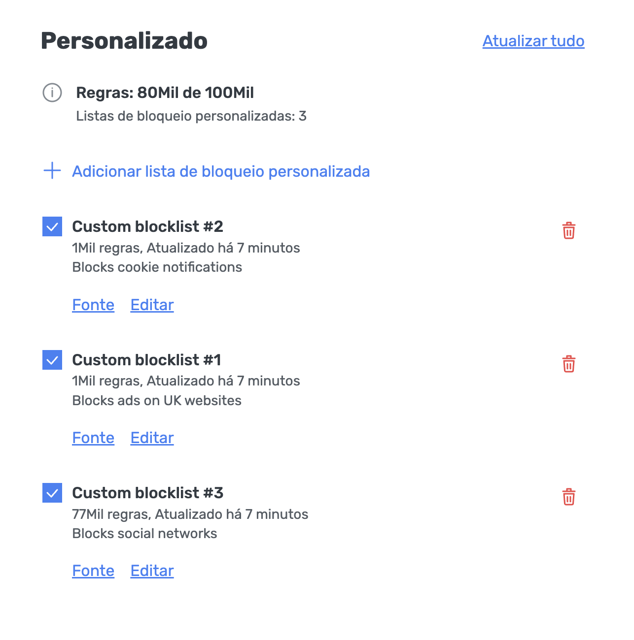 Adicionar lista de bloqueio personalizada
