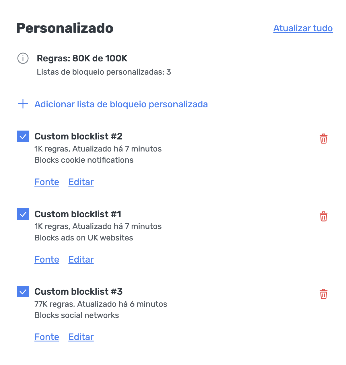 Adicionar lista de bloqueio personalizada