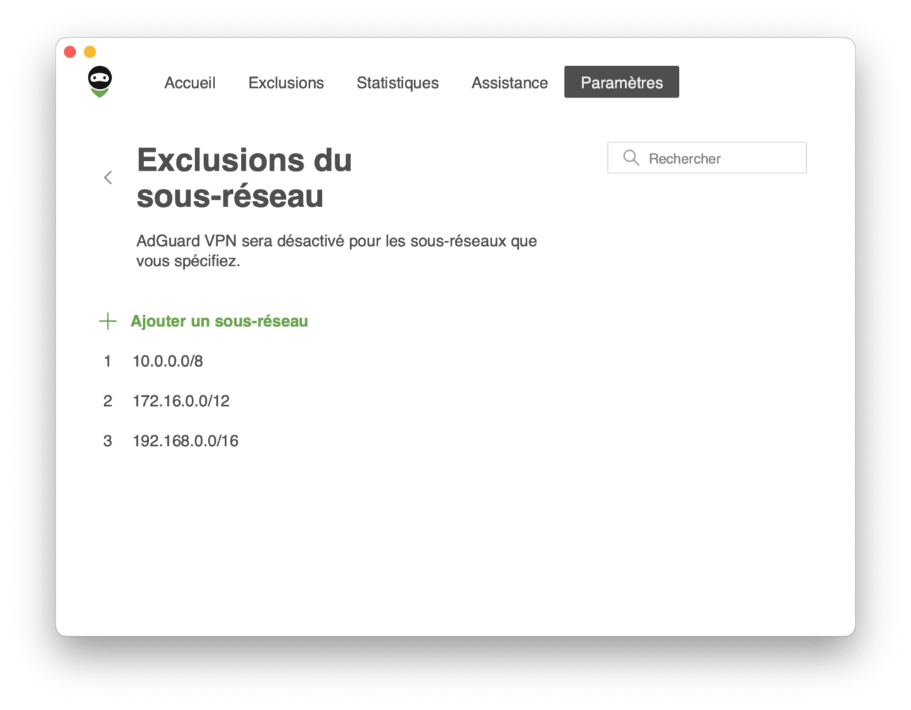 Exclusions des sous-réseaux