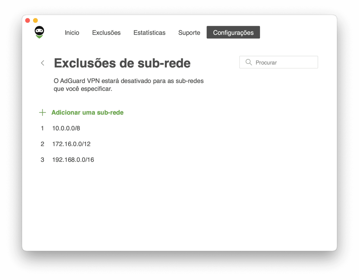 Exclusões de subrede