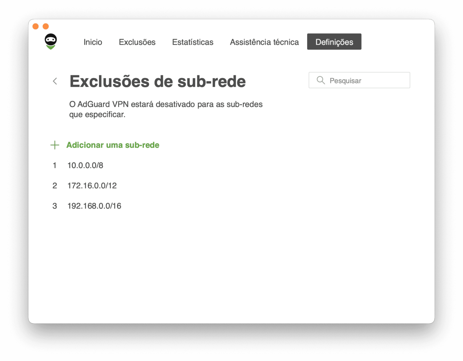 Exclusões de subrede