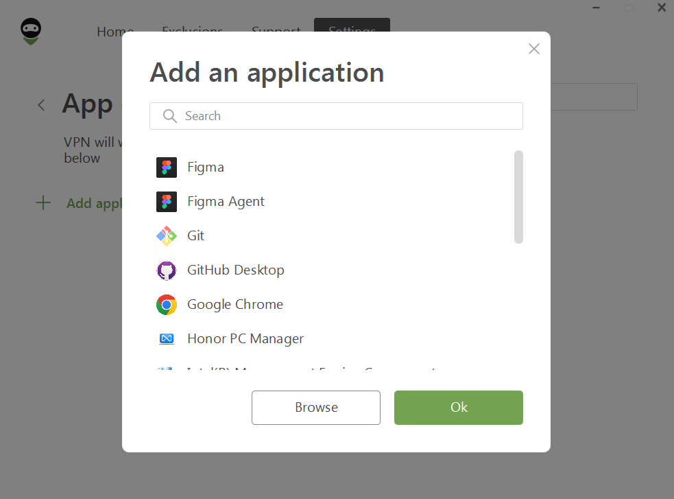 Adding an app to exclusions