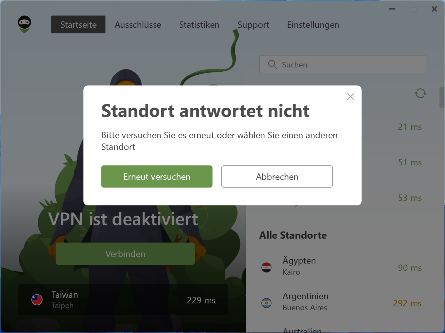 Standort antwortet nicht